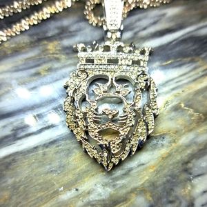 .925 Genuine Diamond Crowned Lion's Head Pendant On 24" .925 Popcorn Style Chain
